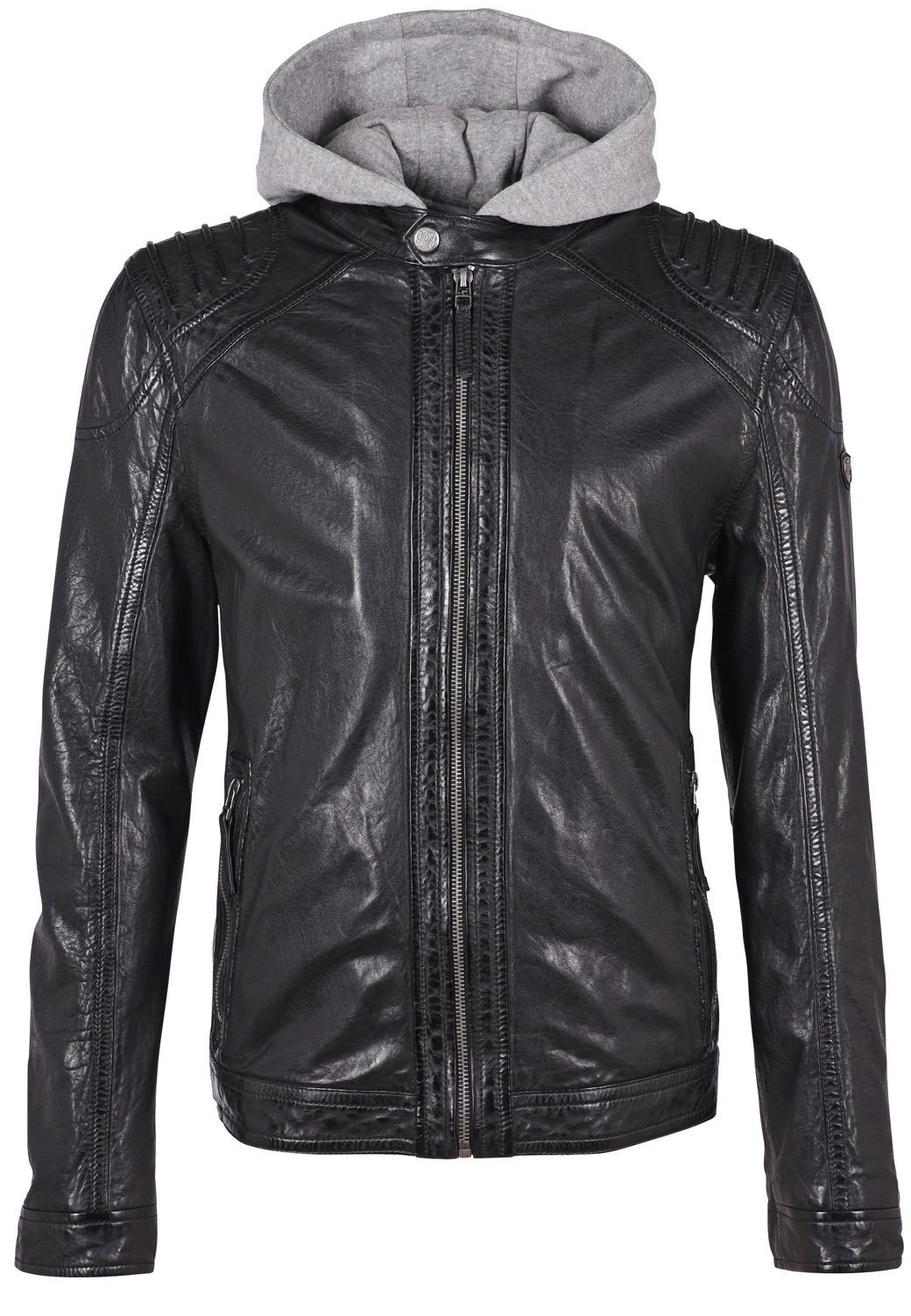 Černá kožená pánská bunda s textilni kapuci
