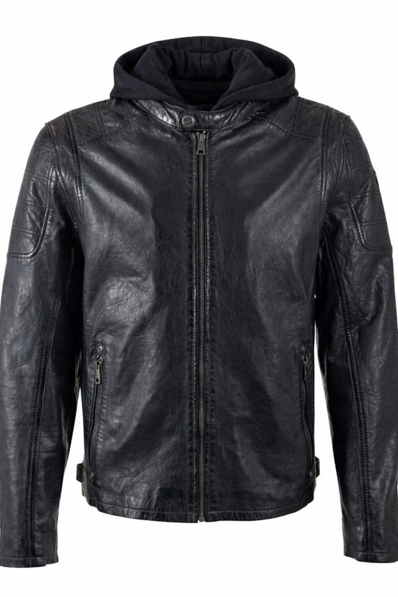 Tmavě modrá kožená pánská bunda s textilní kapucí MMRyxo DB DBlue