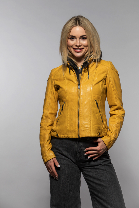 Dámská žlutá kožená bunda s kapucí