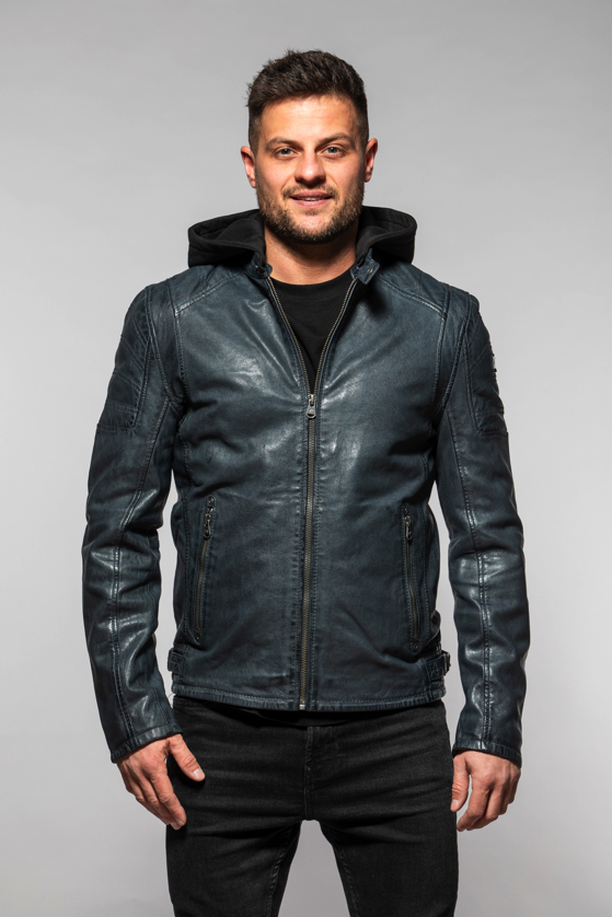 Pánská modrá kožená bundaa s kapucí