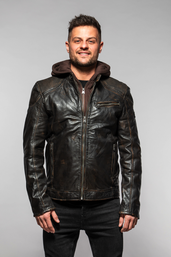 Pánská černá kožená bunda s kapucí