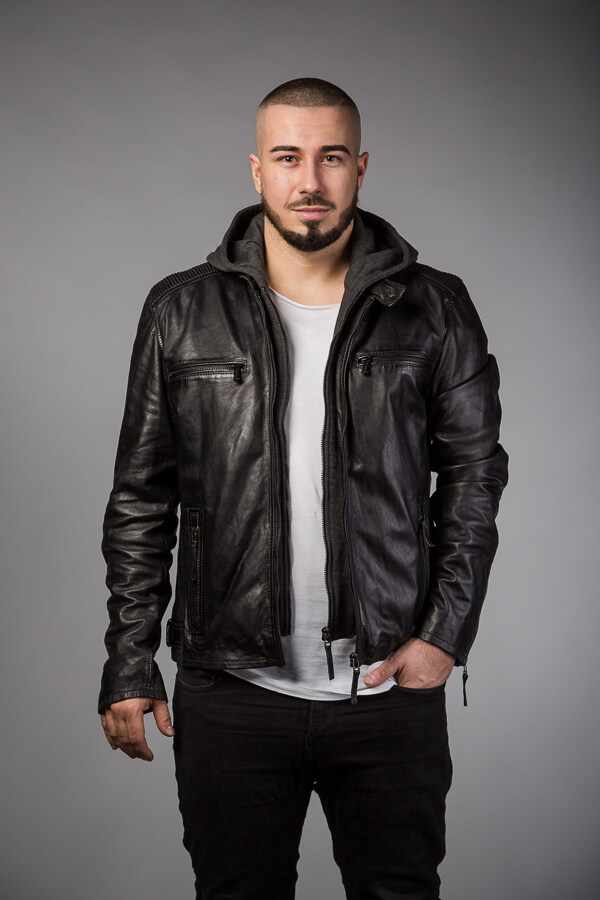 Černá kožená bunda s kapucí DEREK Pánská černá kožená bunda