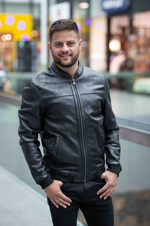 Kožená panská černá bunda s úplety