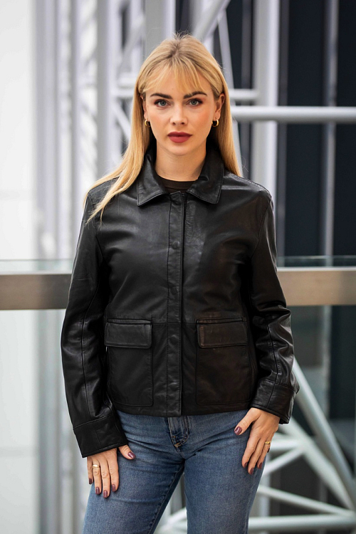 Krátká kožená bunda s límcem GWElfi Black