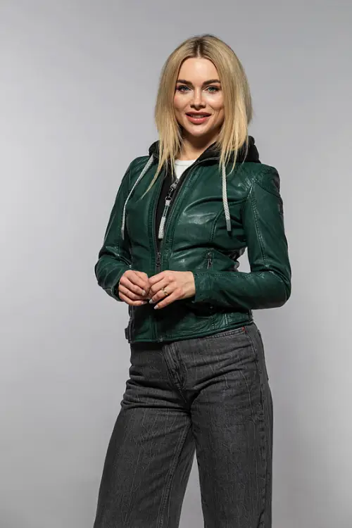 Zelena damska kozena bunda s kapuci