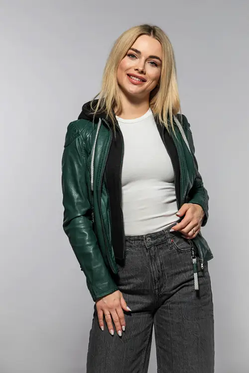 Zelená kožená bunda s kapucí GWAlice DB